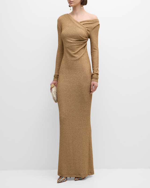 Long-Sleeve Draped-Shoulder Metallic Gown
